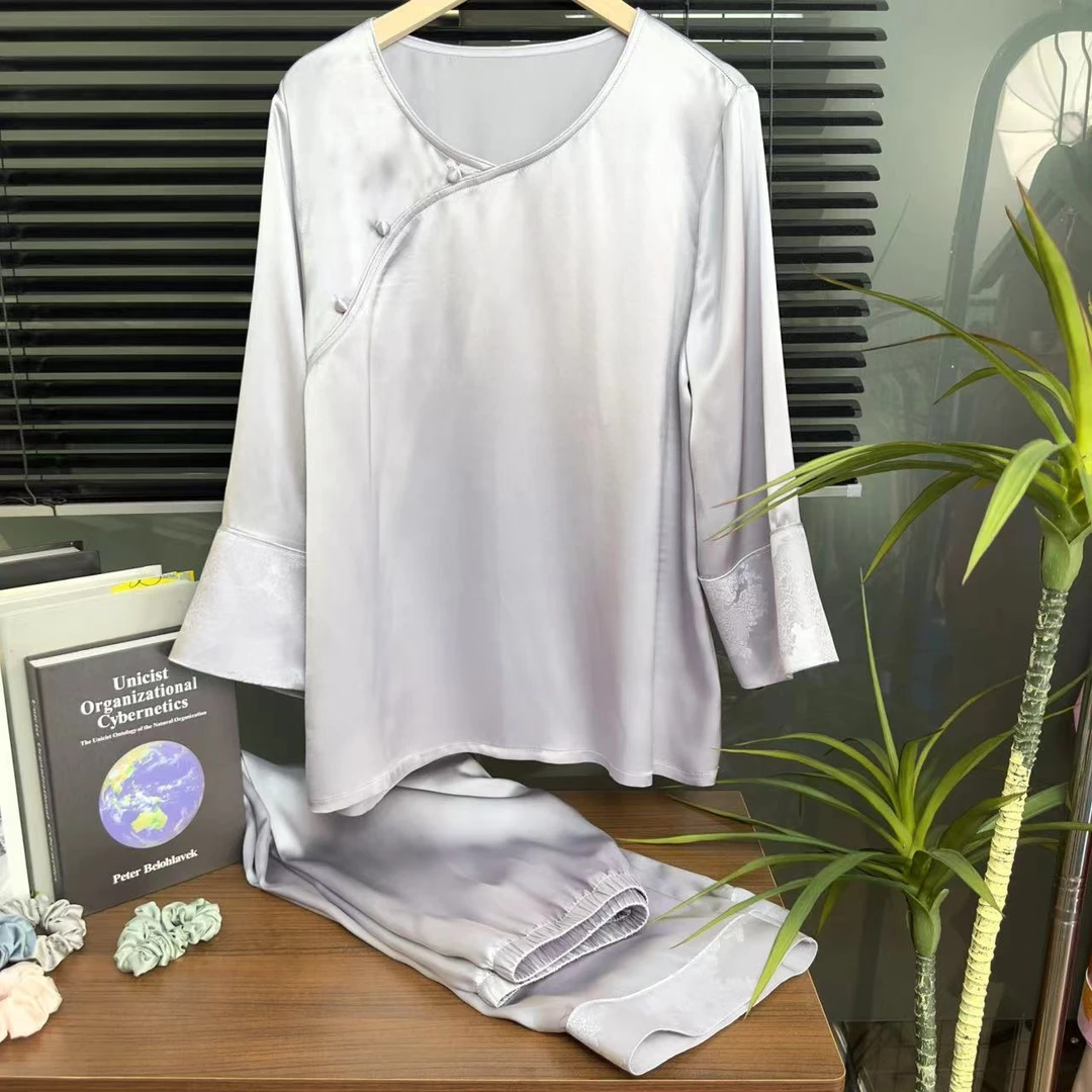 【老板娘自播】100%桑蚕丝中式风重磅真丝长袖长裤套装T2247