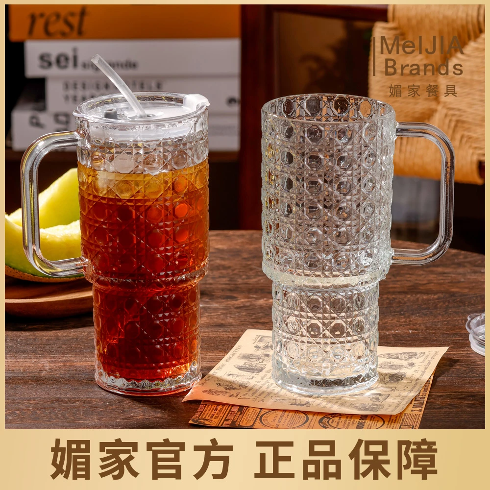 轻奢巨无霸钻石把手杯加厚玻璃大容量水杯家用办公室果汁杯