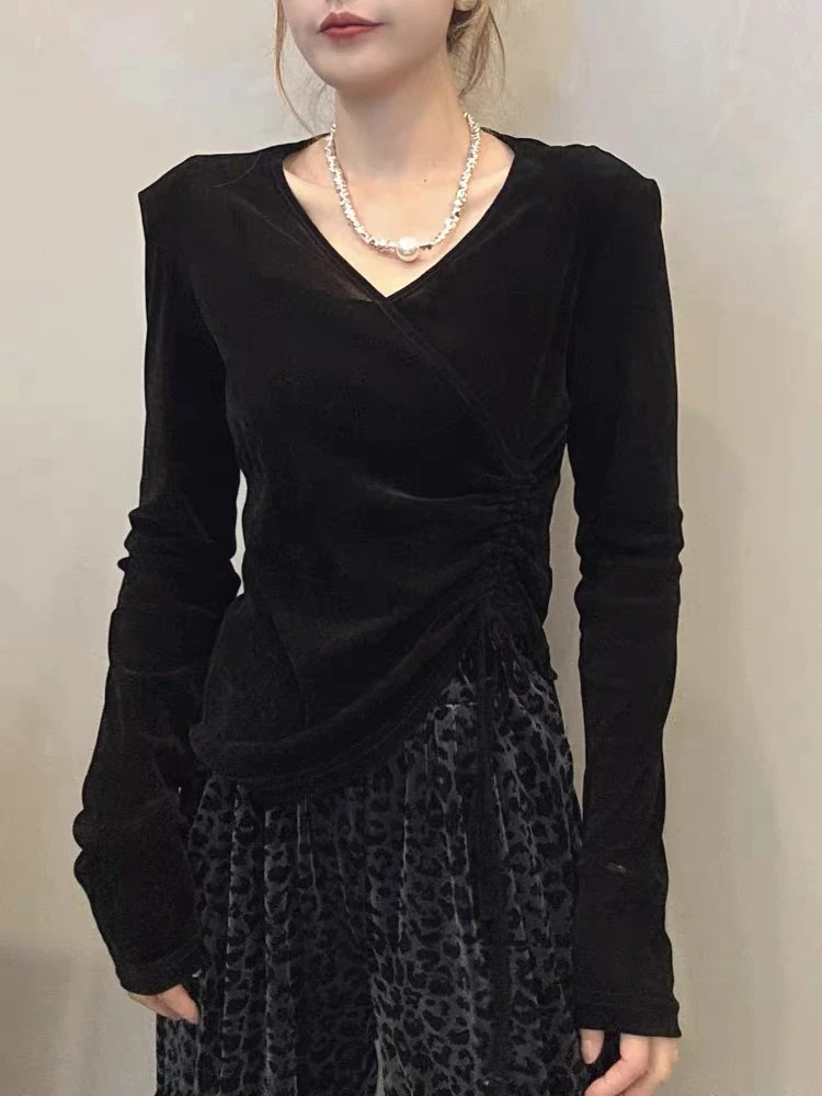 染色V领长袖纽扣百搭耐脏抽褶T恤短款黑色收腰荡领