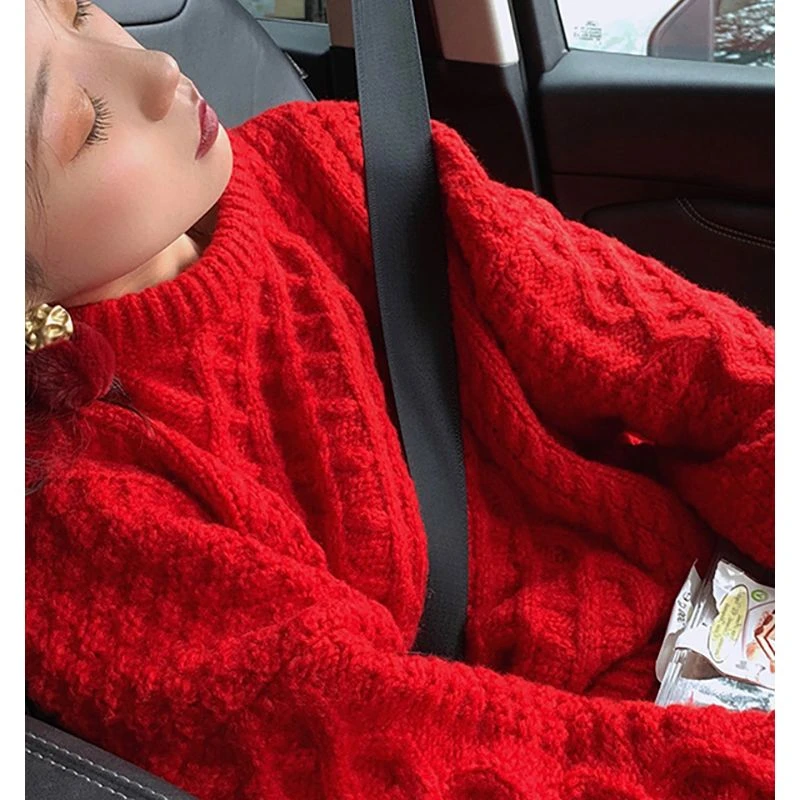 洋气复古红色麻花圆领针织衫女秋冬加厚高级感软糯毛衣慵懒风上衣