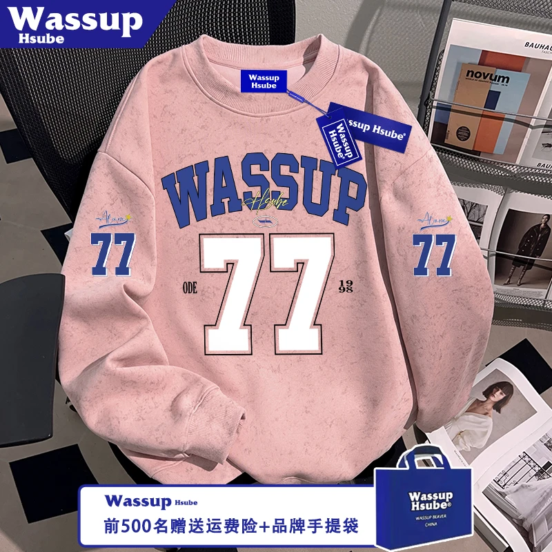 WASSUP HSUBE秋冬季美式男女重磅上衣潮牌时尚数字印花蜡染粉卫衣
