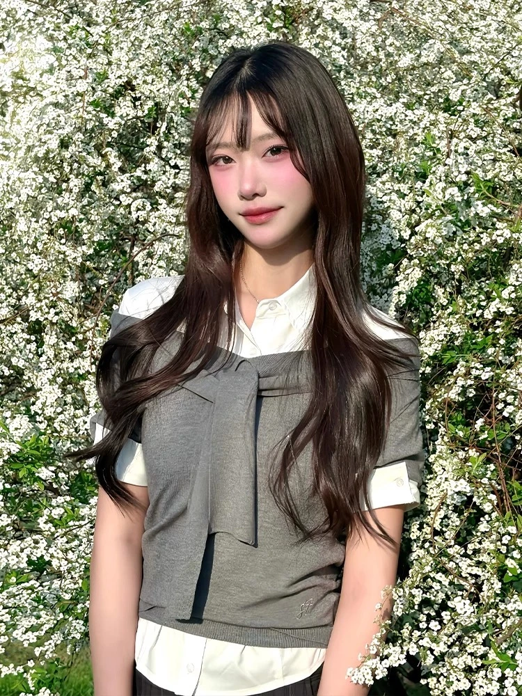 miu系灰色叠穿绑带短袖针织衫t恤女夏季修身学院风高级感修身上衣