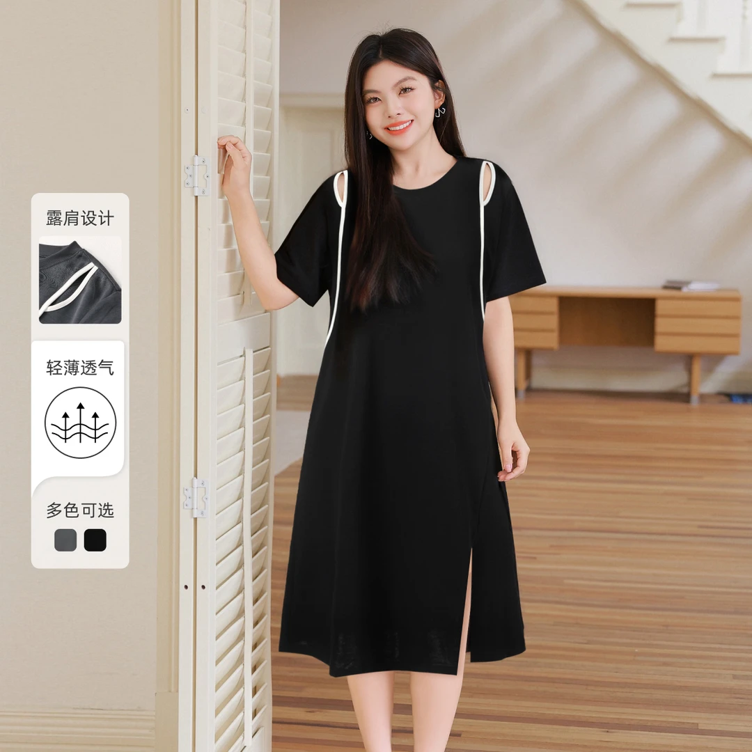 【设计感撞色露肩显瘦连衣裙】MsShe大码女装宽松中长款K2506029