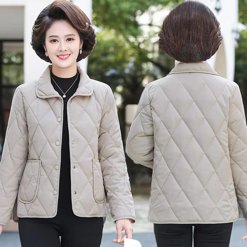 秋冬翻领菱格气质外套时尚棉服轻薄棉衣、柠檬