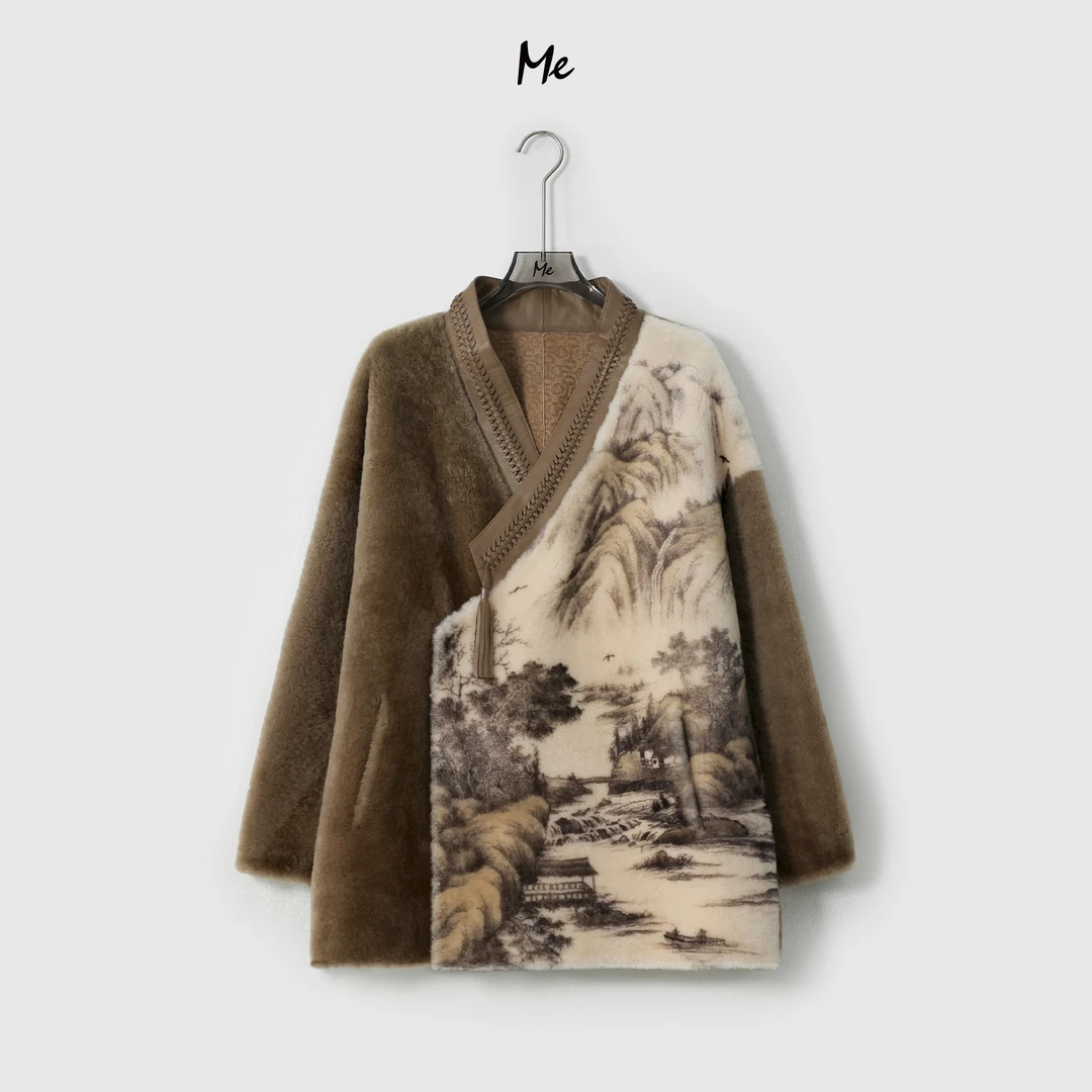 ME【西班牙进口山水皮草】美利奴皮毛一体泰迪绒新中式皮草MESA1697