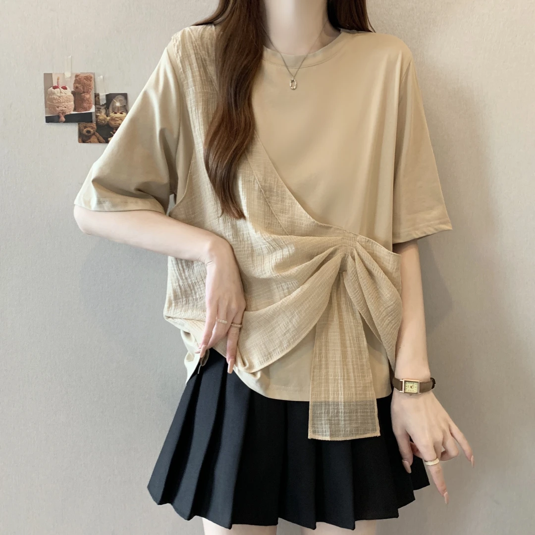 大码不规则拼接假两件短袖T恤女夏季胖mm显瘦宽松遮肚子圆领上衣