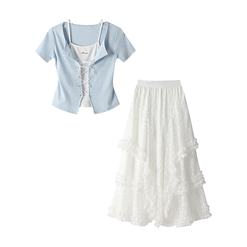 夏季穿搭一整套女新款设计感短袖T恤网纱蕾丝蛋糕裙两件套装2281