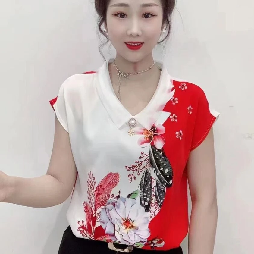 2025年夏季新款时尚印花短袖雪纺衫女气质娃娃领韩版宽松减龄上衣