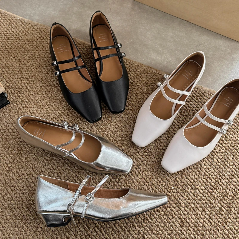 【羊皮】简约小方头双绑带玛丽珍鞋法式浅口单鞋女百搭甜美跟鞋