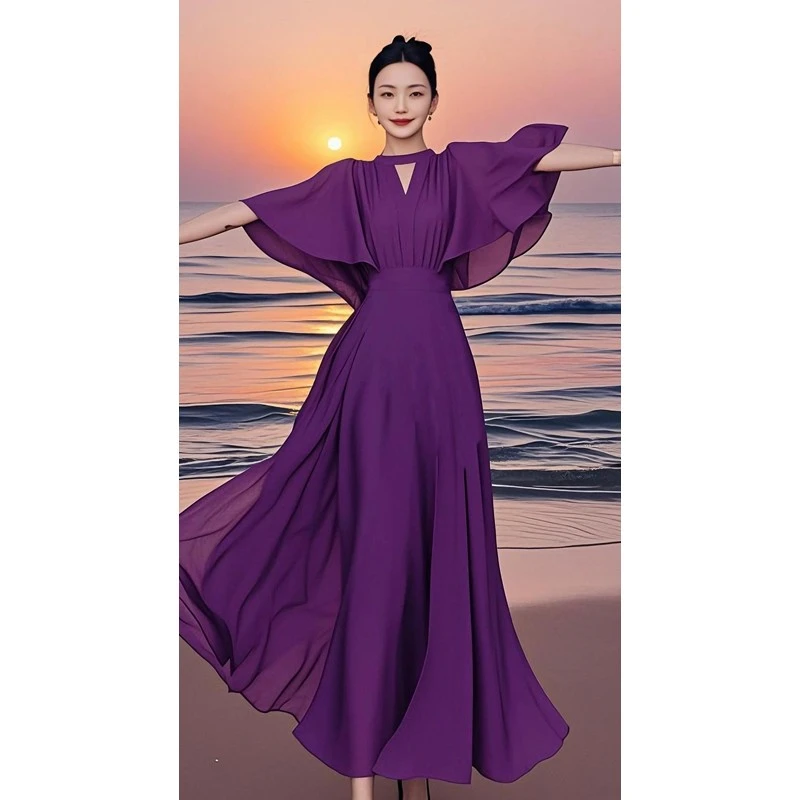 暖长裙夏季宴会树脂固色气质法式优雅长款短袖连衣裙1123