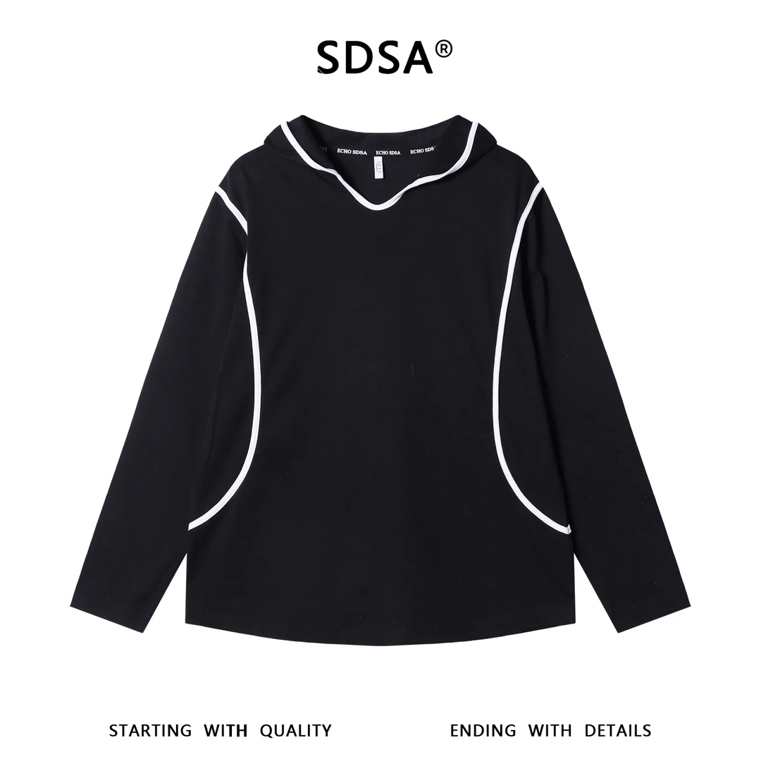 SDSA男士秋冬新款痞帅男装潮牌简约撞色织带连帽卫衣百搭时尚上衣