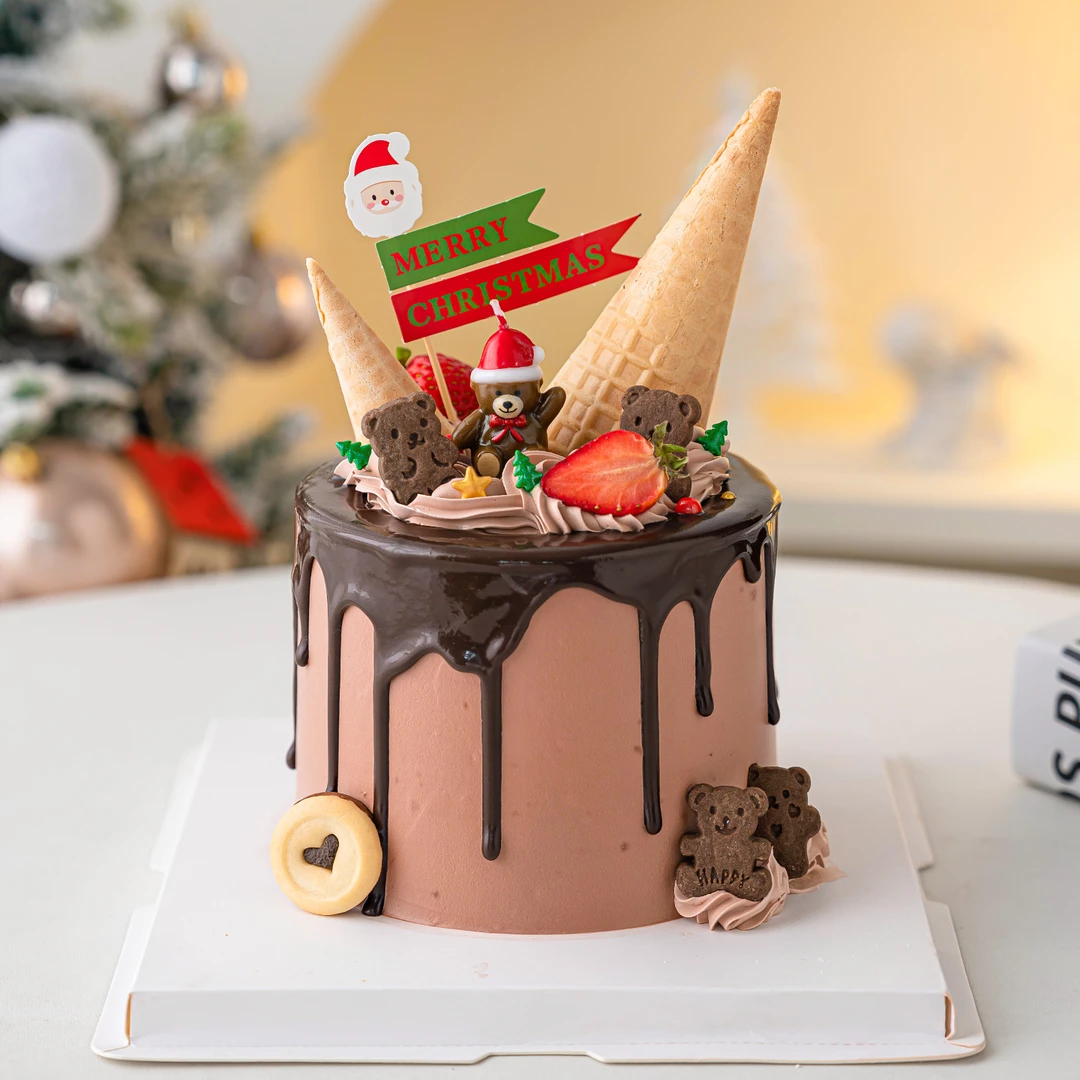 2026圣诞节红帽小熊蜡烛蛋糕装饰摆件MerryChristmas老人小旗插件