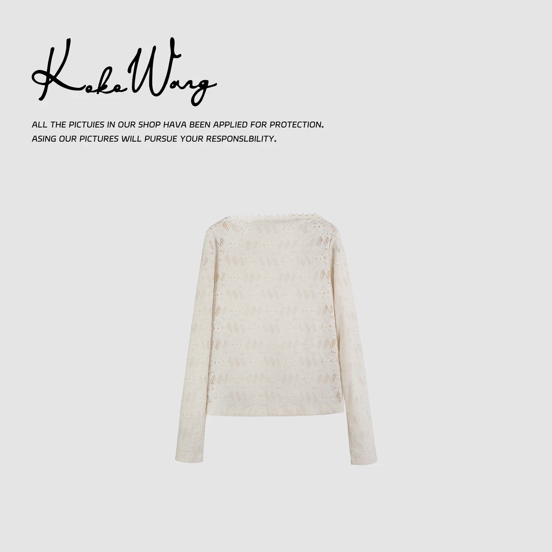 KOKOWANG 蕾丝花边一字肩鹊桥领高弹水溶绣品打底衫 N0695A03T43