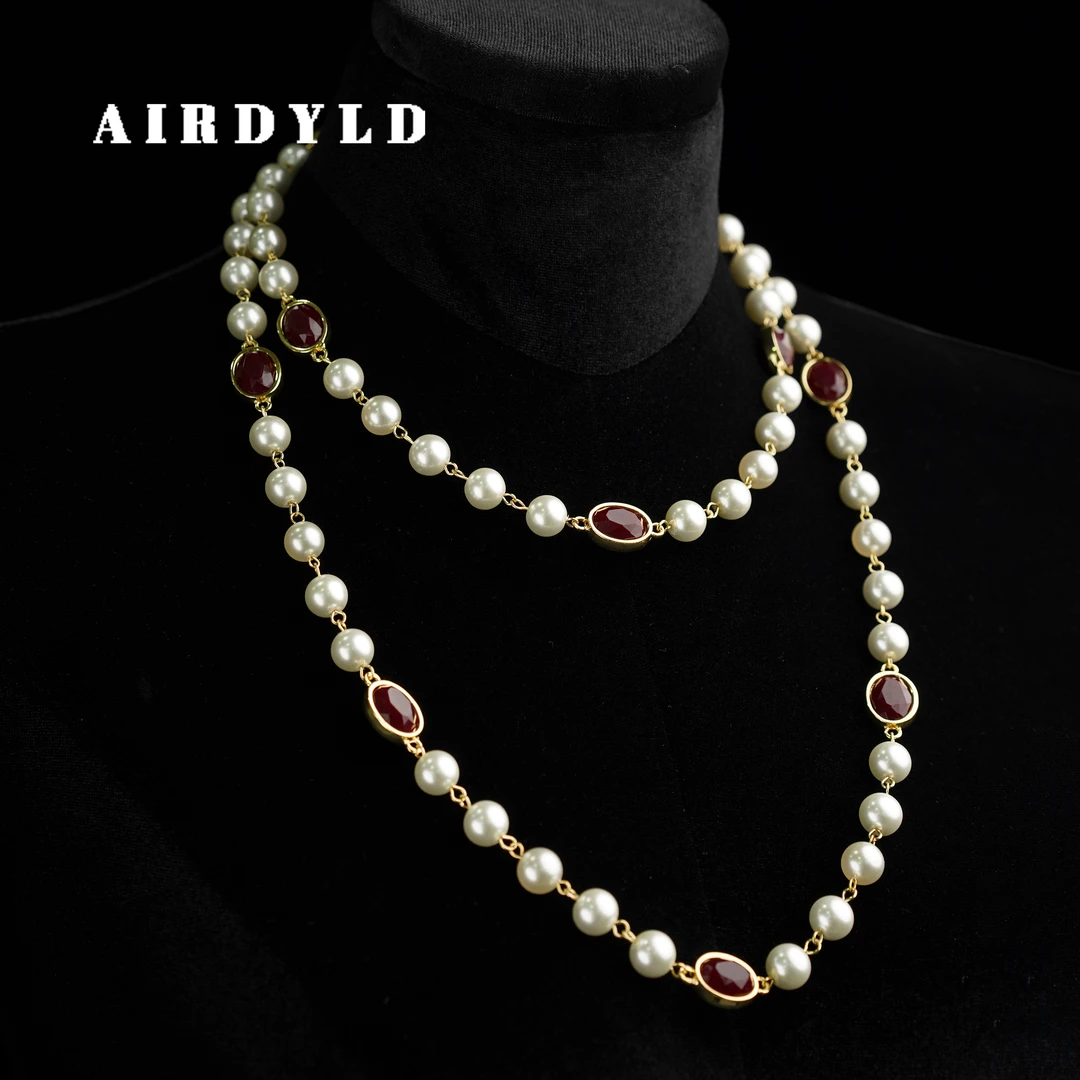 黄铜仿珍珠项链 【玲珑长款】小香风法式优雅复古安克拉红毛衣链