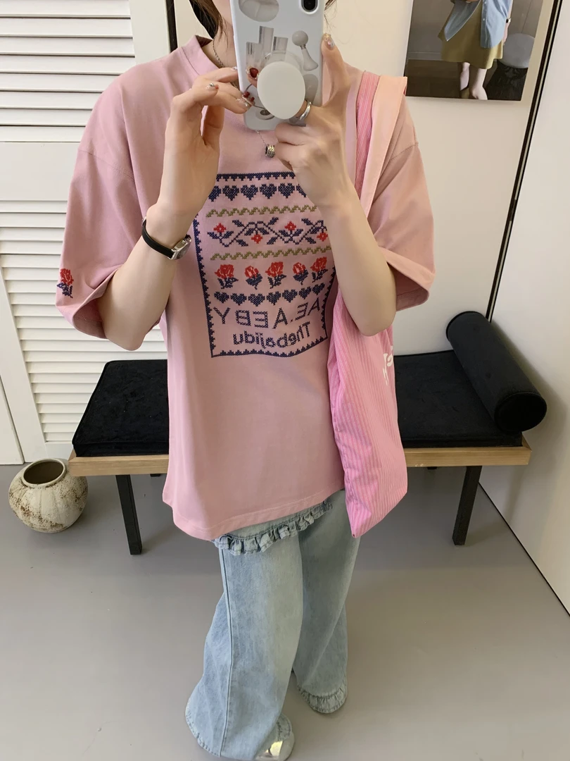 FUJIA STYLE新款时尚百搭简约气质休闲刺绣T恤T879