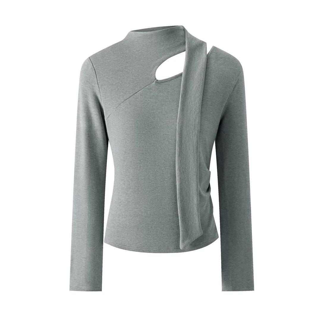 羊城故事-韩系飘带围巾领t恤女新款设计感露肩长袖上衣Y51054630