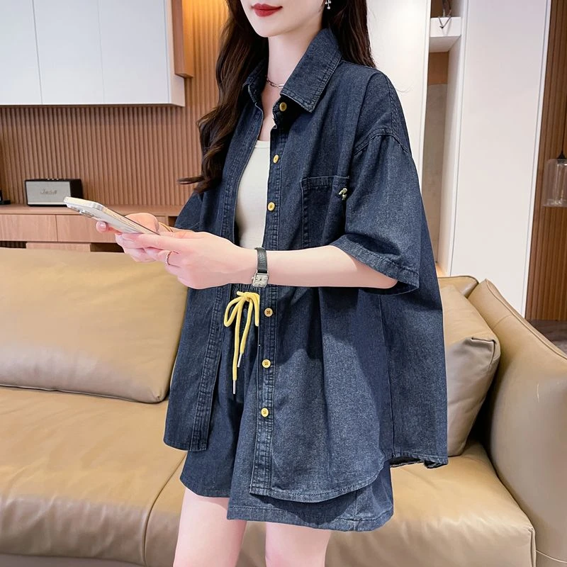 2025新款韩版高腰抽绳短裤时尚薄款女装两件套大码秋天套装秋牛仔