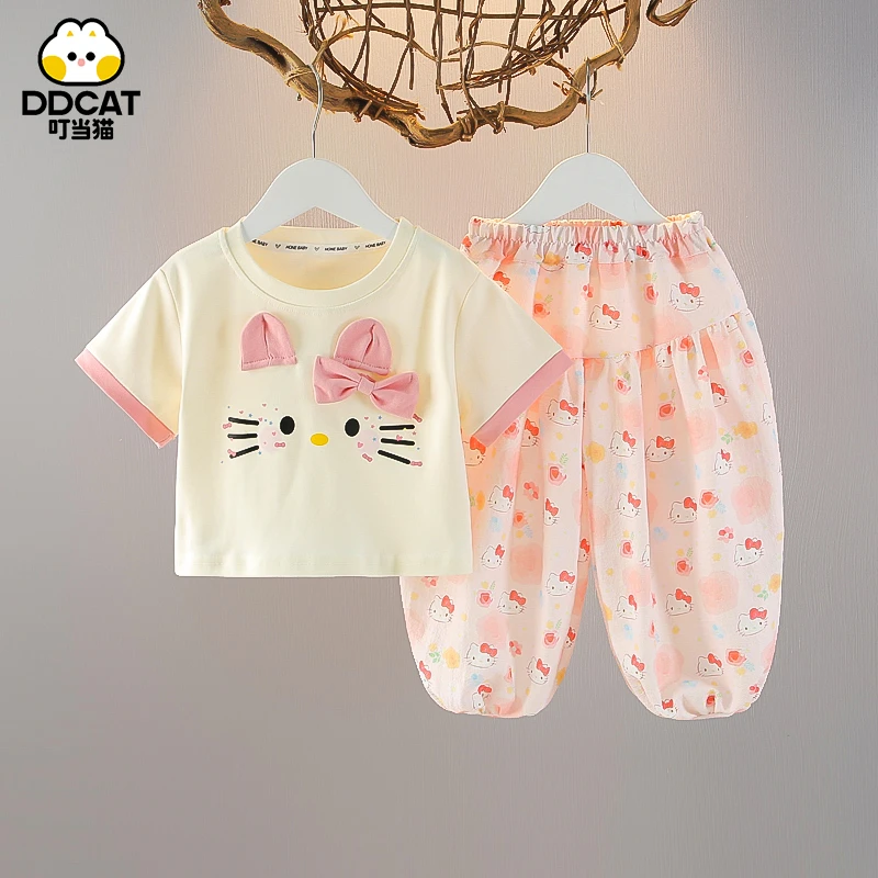 叮当猫女童夏装套装儿童短袖夏季薄款洋气小童女宝宝防蚊裤两件套