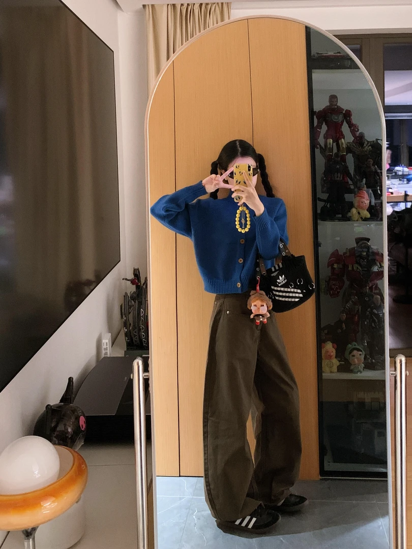 2025秋季新款小清新穿搭气质蓝色针织衫上衣复古阔腿裤时尚两件套