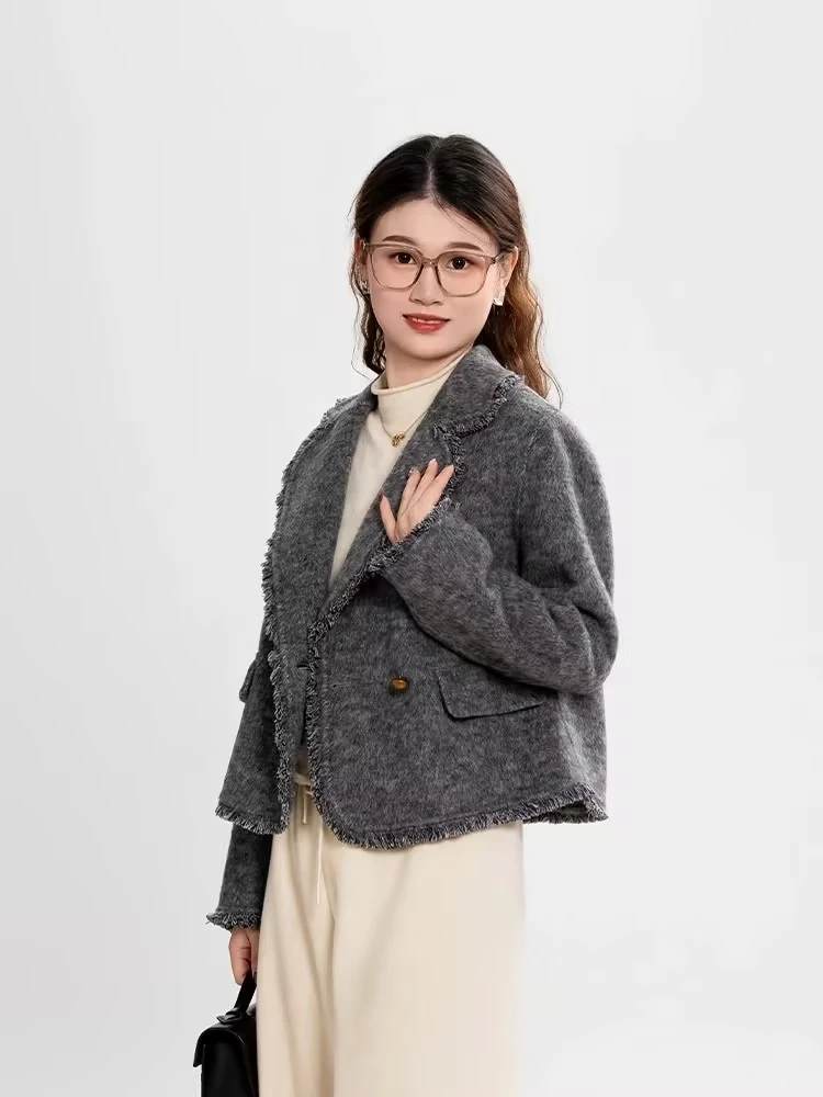 【三台恒宣】C70086时尚短款双面呢外套