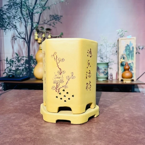 宜兴紫砂花盆黄金段泥,手工六方玉圆口带底座兰花悬崖盆景盆