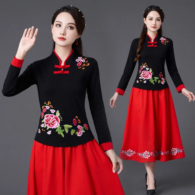 民族风女装上衣新款中国风绣花长袖t恤复古立领刺绣加绒打底衫女