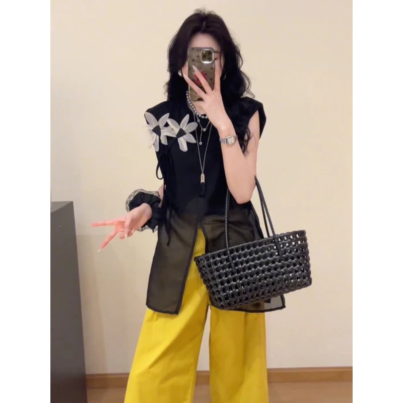 黑色中长款网纱无袖背心t恤女2025新款夏季宽松设计感超好看上衣