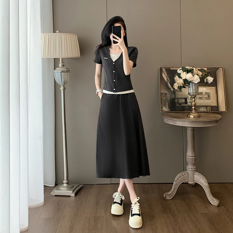 休闲套装女两件套短袖显瘦气质小个子时尚中长款拼接撞色黑色半裙