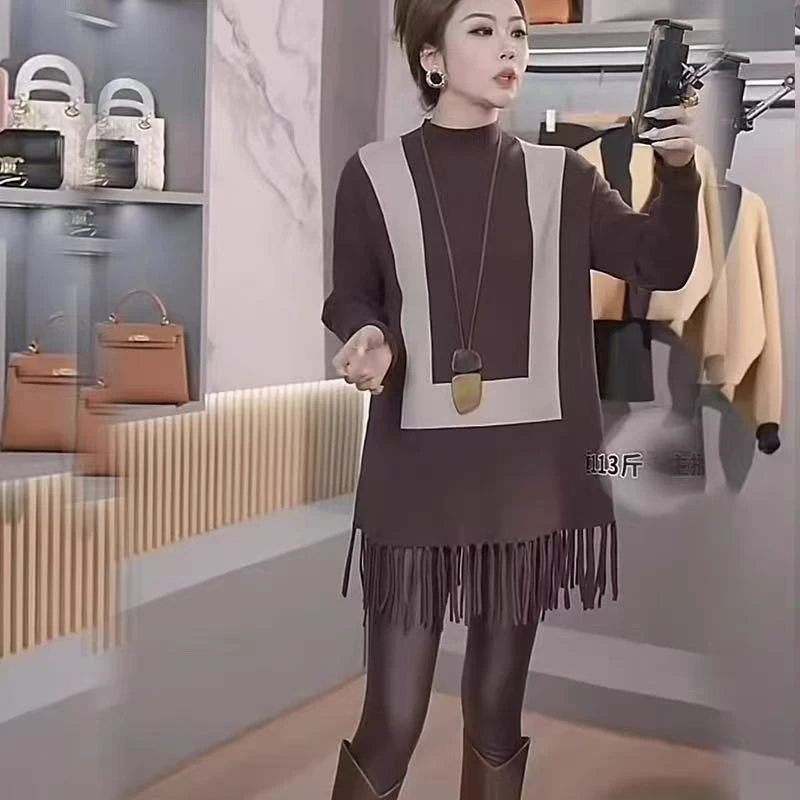 2025针织新款流苏高领毛衣宽松显瘦中长款针织衫女装