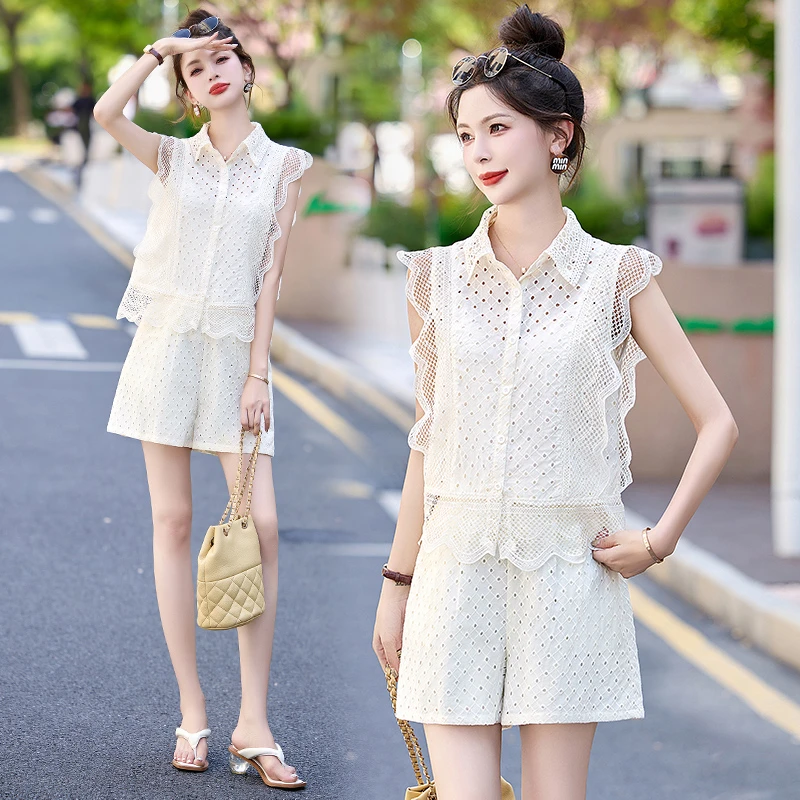 时尚套装雪纺衫美式职场休闲风muji风荡领幂式穿搭短袖蕾丝显瘦