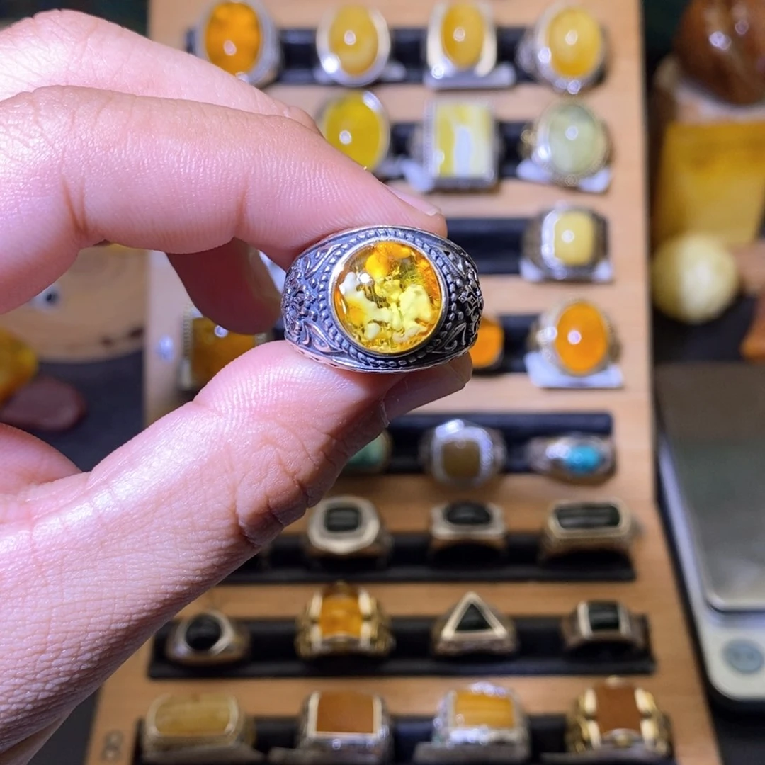 蜜蜡戒指银S925镶嵌没****?