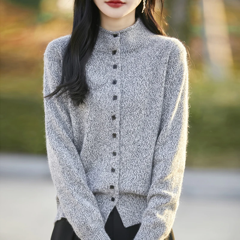 显瘦针织衫秋季半高领常规款女士厚款花纱圆领