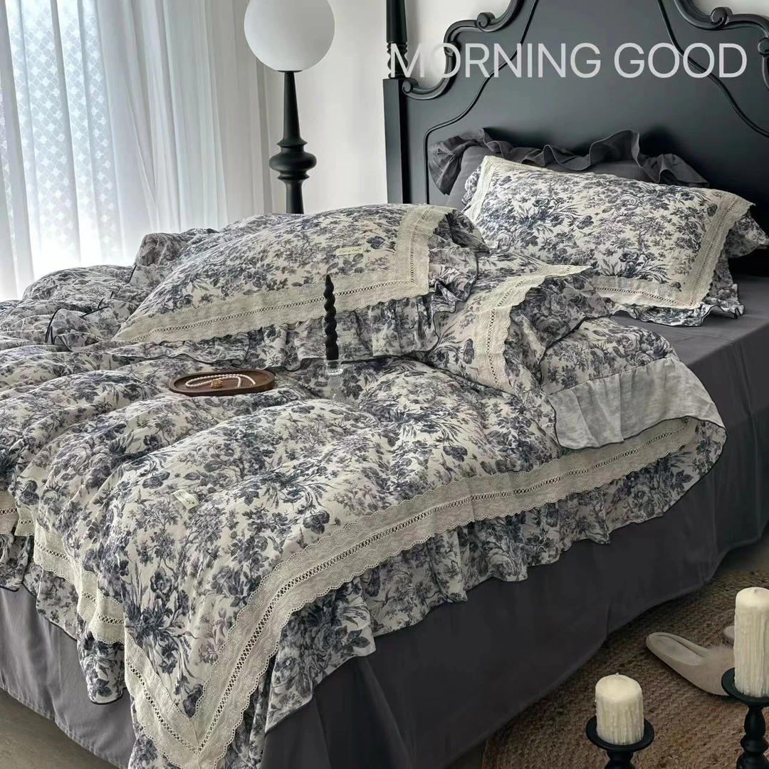 【MORNING GOOD】定制款气质高级法风全棉双层纱印花花边款四件套
