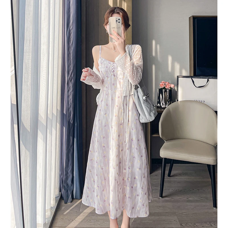 可盐可甜小清新碎花吊带裙子女2025春夏新款中长款收腰显瘦连衣裙