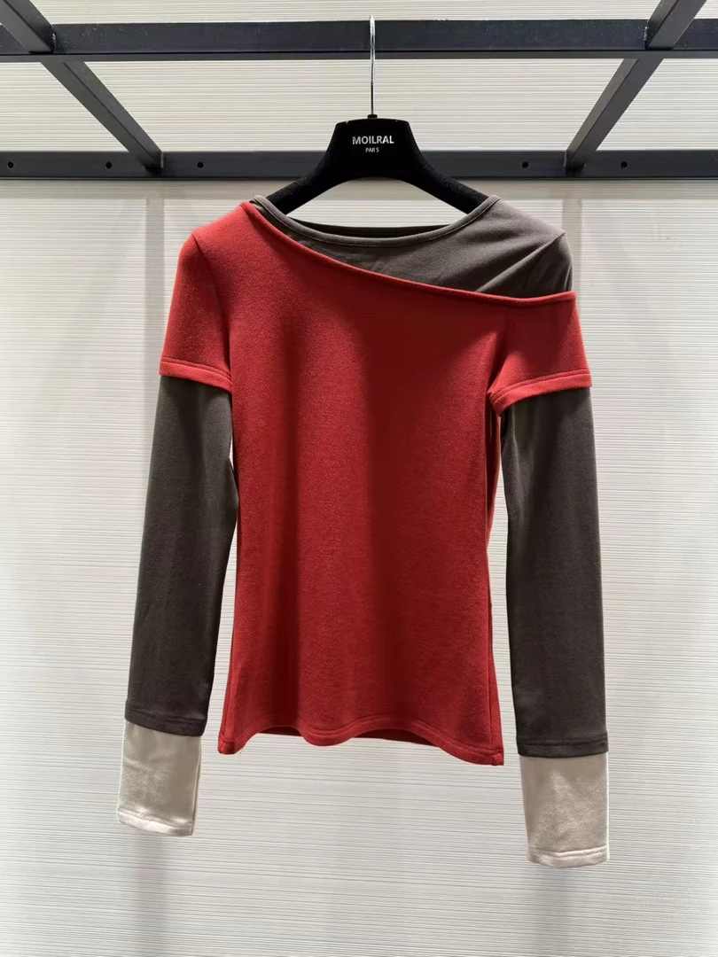 设计师新款三色撞色不规则设计休闲百搭长袖T恤 XM2526115