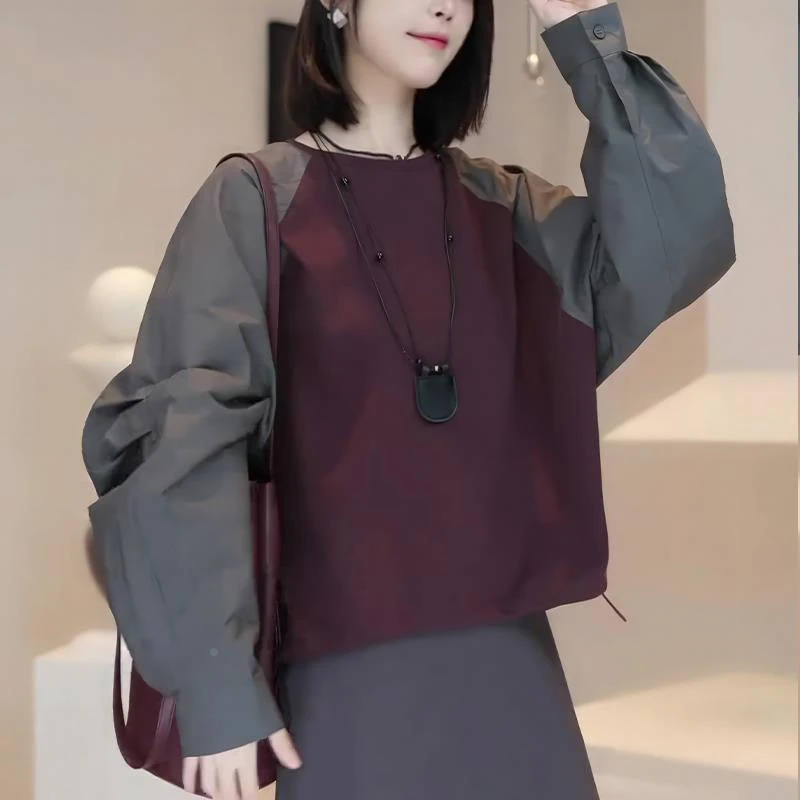 秋季新款时尚圆领插肩袖暗红色显白工装卫衣韩版宽松通勤女装