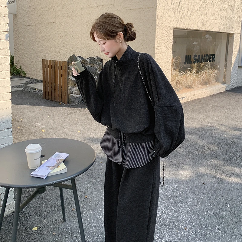 韩系假两件立领半拉链卫衣套装女2025秋冬款加绒阔腿裤休闲两件套