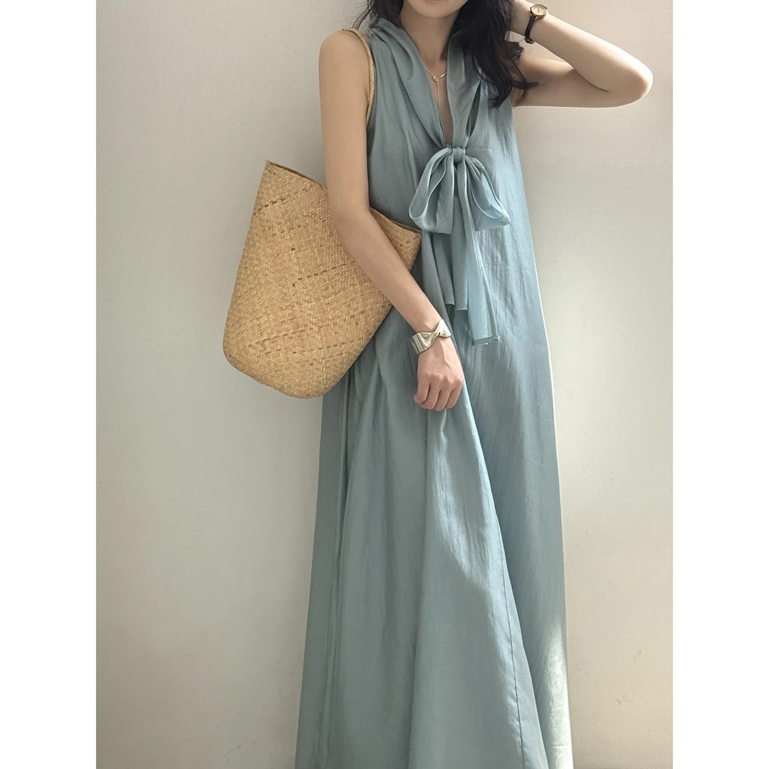 高级天丝飘带挂脖连衣裙女 夏季宽松气质仙女大摆长裙