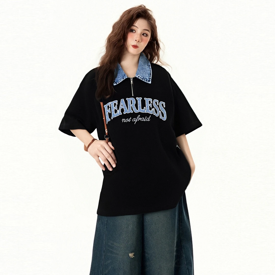 300斤大码黑色字母刺绣街头风短袖t恤女胖mm洋气遮肉显瘦学生上衣