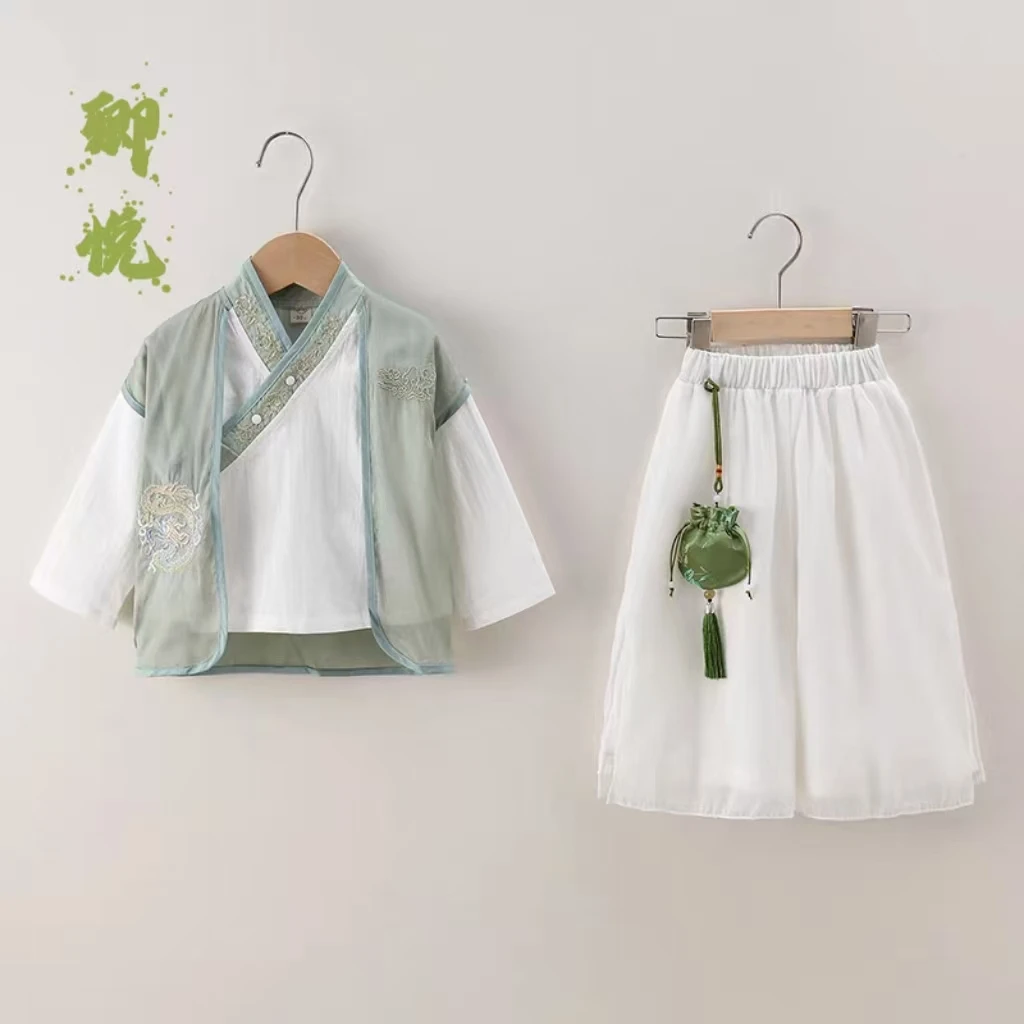 （轻纱交叉领）汉服长袖中国风中秋套装刺绣春夏款古风幼儿园表演服