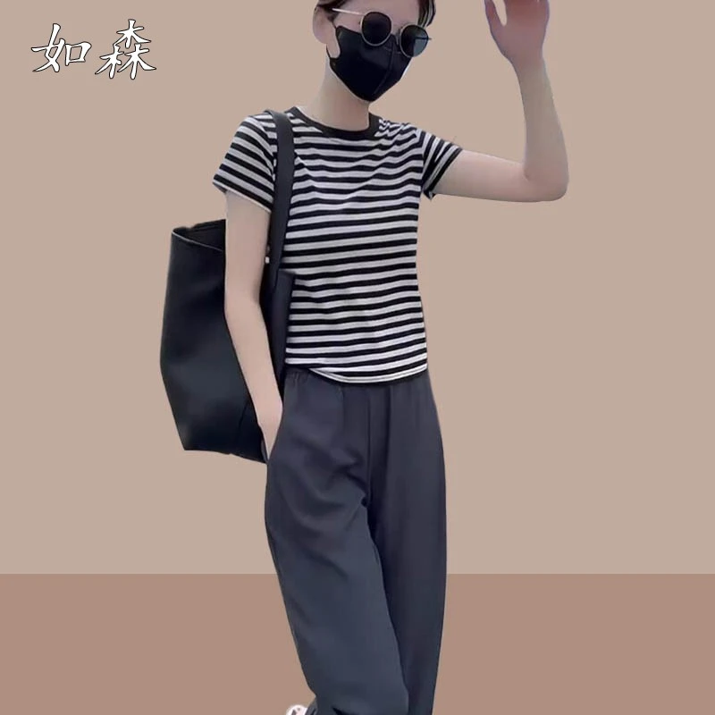 小个子夏装搭配一整套时尚套装2025新款女装条纹T恤休闲裤两件套