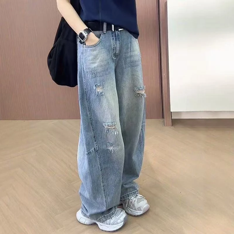 国潮破洞阔腿牛仔裤女2025新款夏季薄款显瘦宽松直筒弯刀裤子高腰