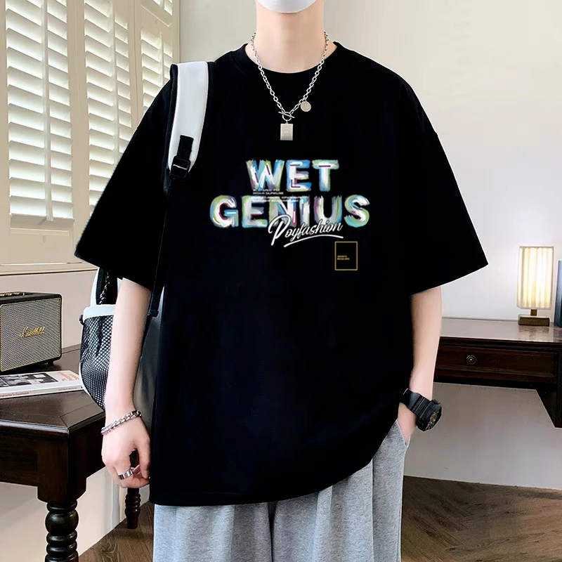 青少年100%纯棉短袖t恤男女宽松大码上衣潮牌美式休闲半截袖学生