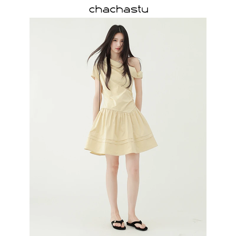 CHACHASTU【出游】浪漫古巴~设计感斜肩A字显瘦连衣裙H4270W