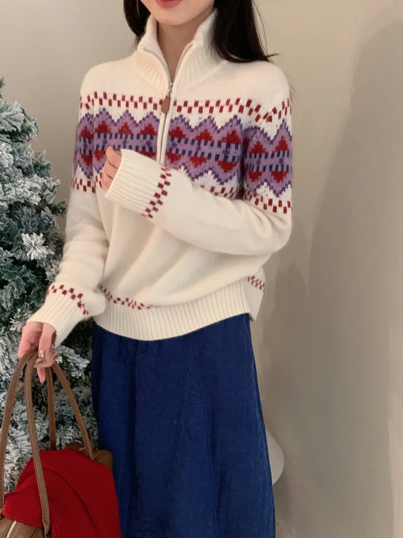 【潘潘.8220】冬季新款蜜熊绒费尔岛半拉链立领针织衫