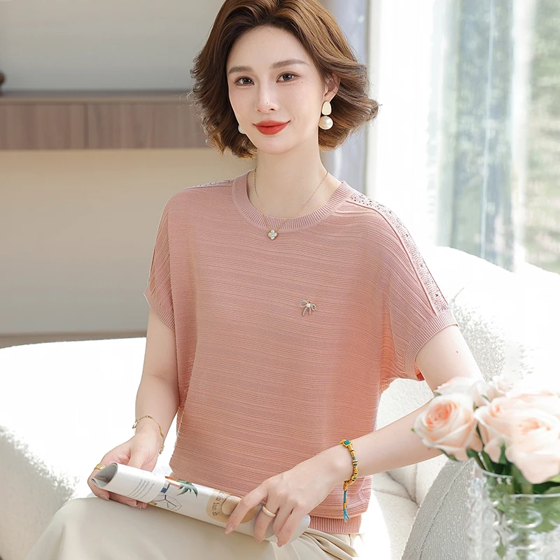年轻妈妈装夏季短袖时尚针织上衣中老年人女装圆领冰丝T恤衫休闲