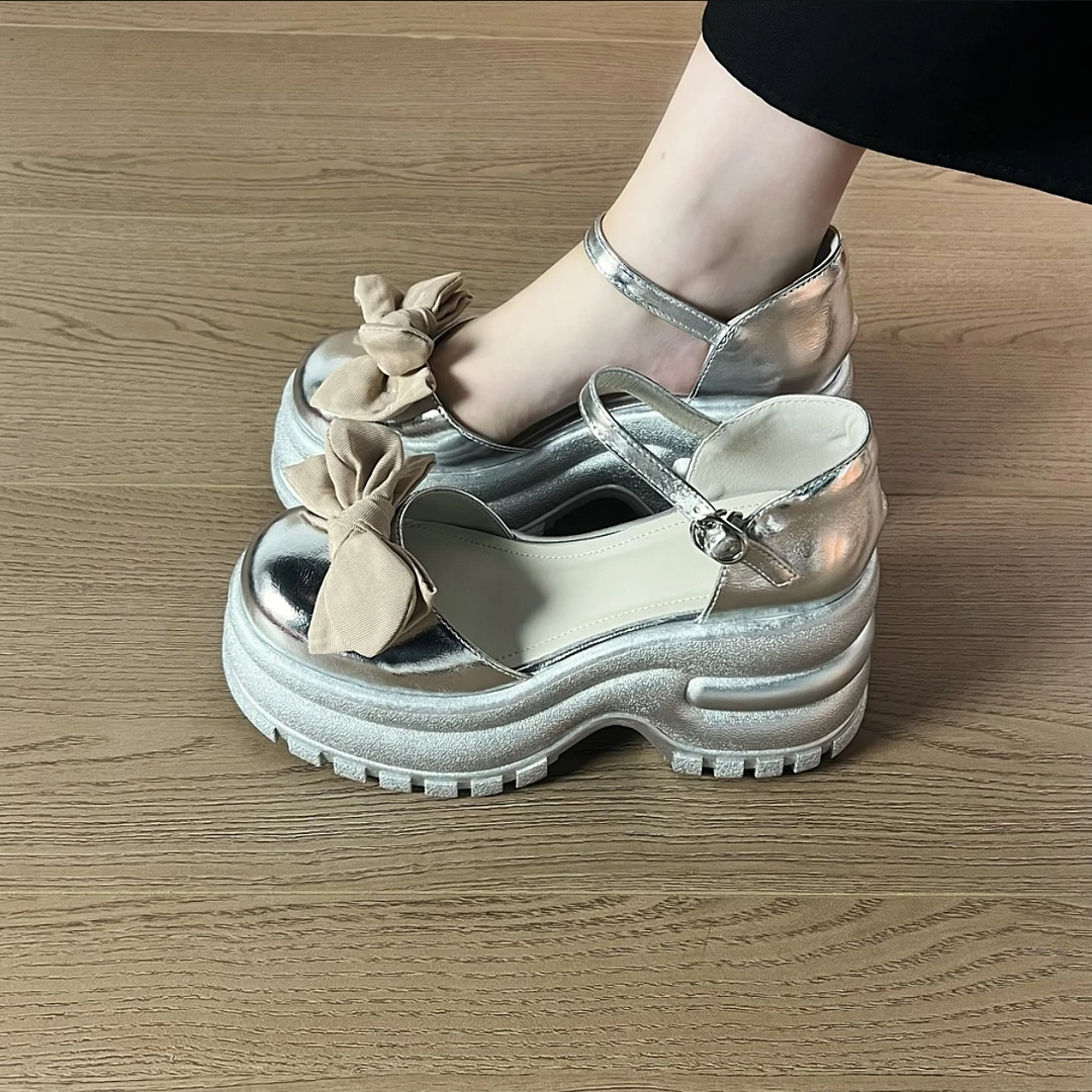 时尚百搭粗跟厚底增高包头凉鞋女圆头浅口蝴蝶结一字式扣带凉鞋女