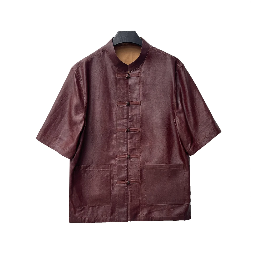 B2561-夏季男士桑蚕丝红云纱新中式短袖上衣