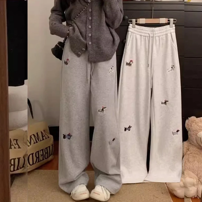 孕妇裤春秋季外穿刺绣卡通腊肠狗休闲裤女春秋拖地直筒阔腿裤长裤
