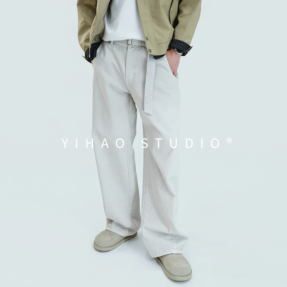 YIHAO STUDIO秋季男款高级腰带牛仔裤休闲宽松百搭质感黑色长裤